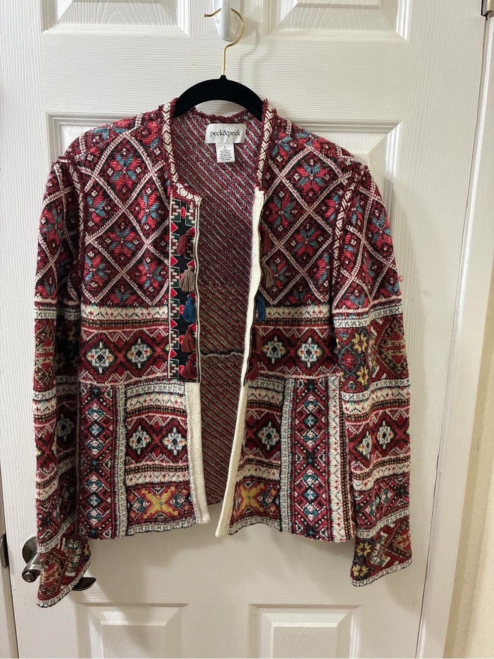 Peck & Peck Red Multi-Pattern Open Cardigan